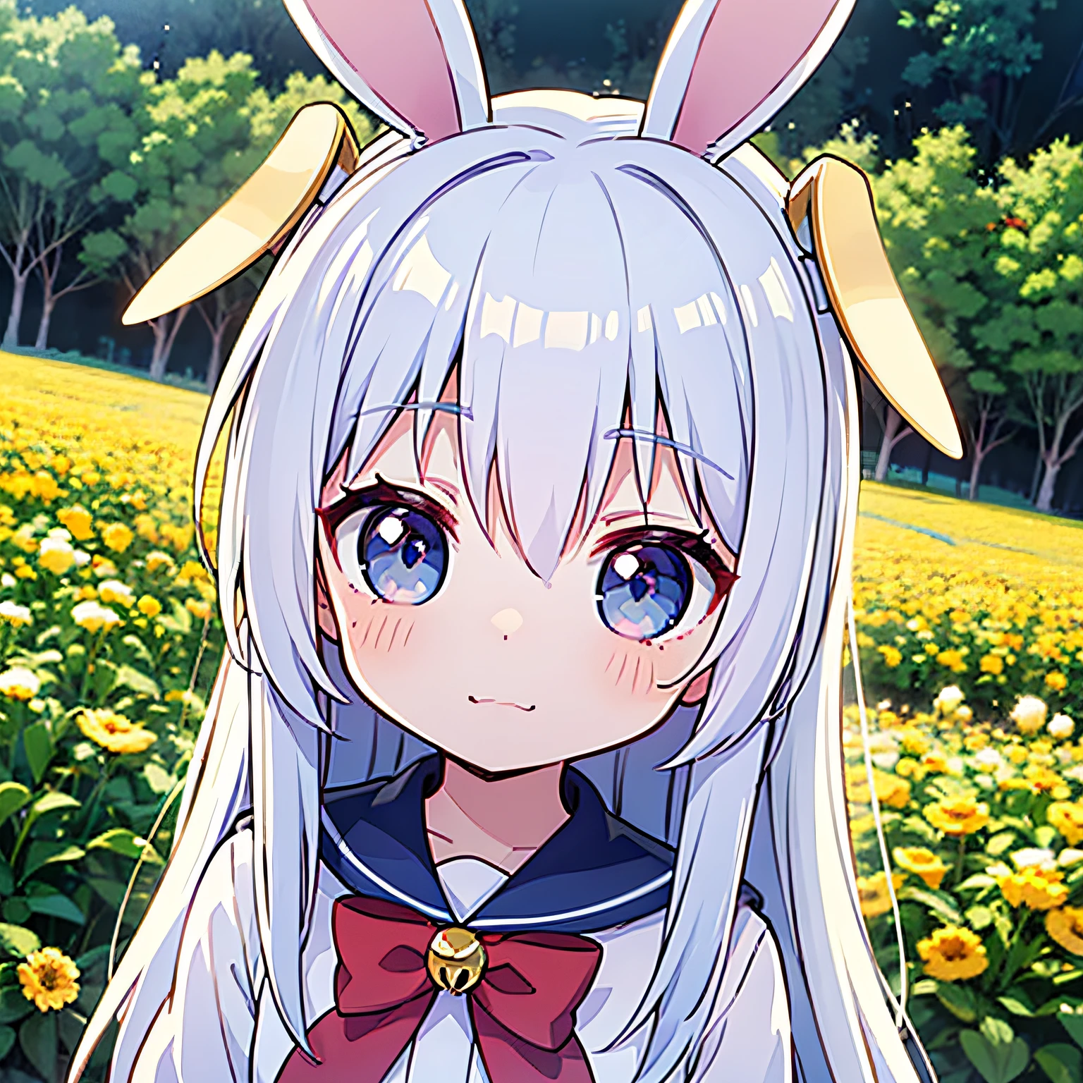fluffy short bunny ears, White hair, dark strong blue eye, Anime manga girl, White-colored skin, with a round face, Round Chin, Round eyes, White dress, Short flow sea，sliver long hair, The neckline has a light blue bow and gold bells, pink blush, kawaii realistic portrait, Anime cute art style, Cute and natural anime face, Rabbit ears anime girl,  pretty anime face, perfect anime face