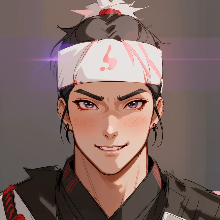 there is a pretty man wearing plain black shirt and small black earrings, anime character, 8k, anime style, close up character, character close up, portrait of a samurai, ninja warrior, anime character, character close-up, attractive anime face, unreal engine character art, male character, k pop, pretty smile, light blush,