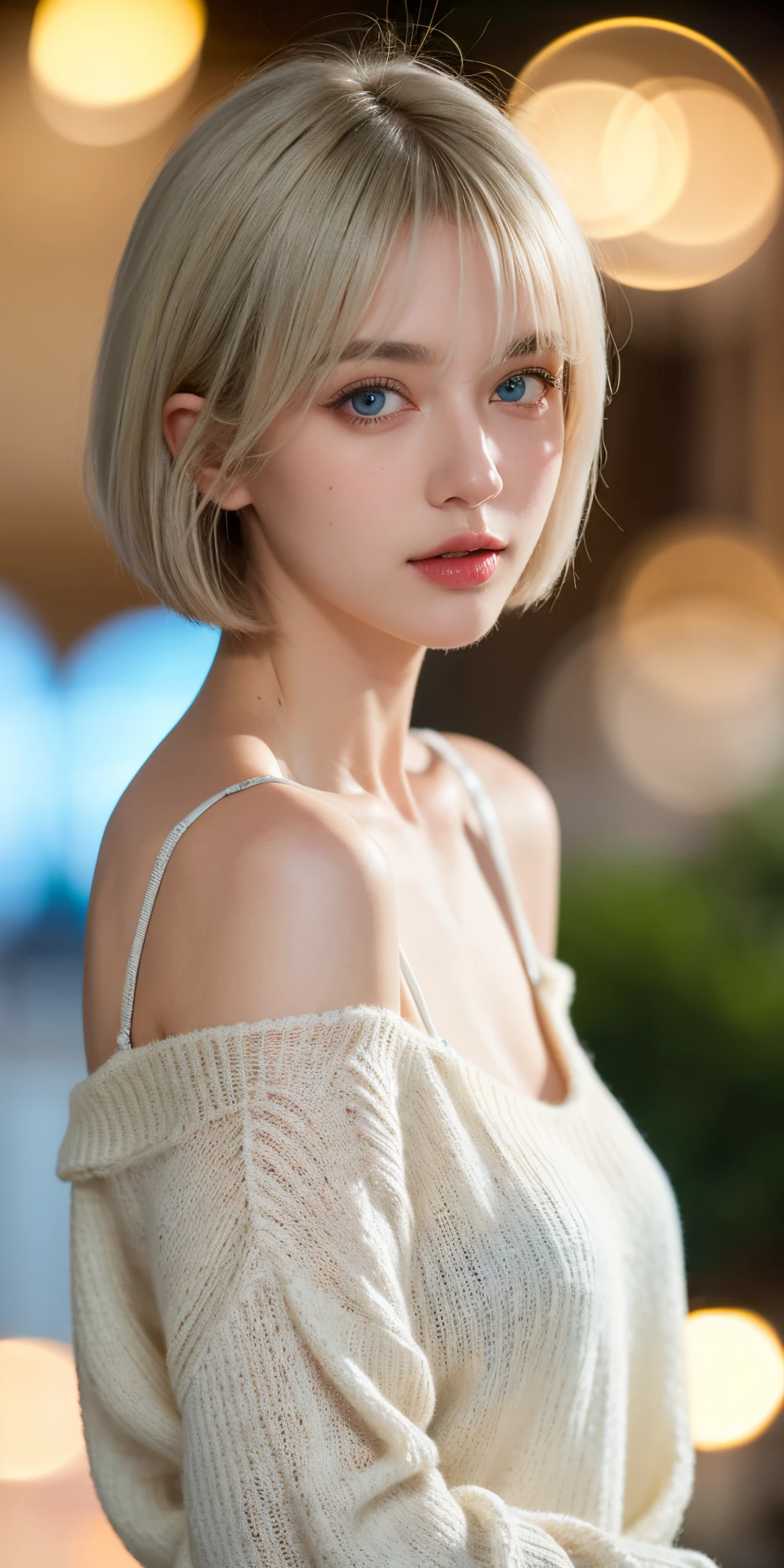 masterpiece, best quality, bokeh, cool, 1girl, age, beautiful face, solo, breasts, bob cut hairstyles, white hair, blue eyes, sweater, upper body, looking at viewer,