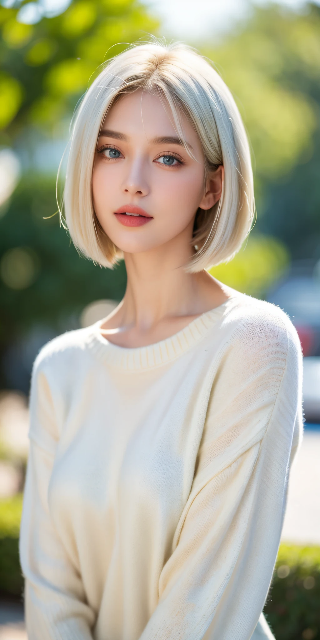 masterpiece, best quality, bokeh, cool, 1girl, 17age, beautiful face, solo, breasts, bob cut hairstyles, white hair, blue eyes, sweater, upper body, looking at viewer,