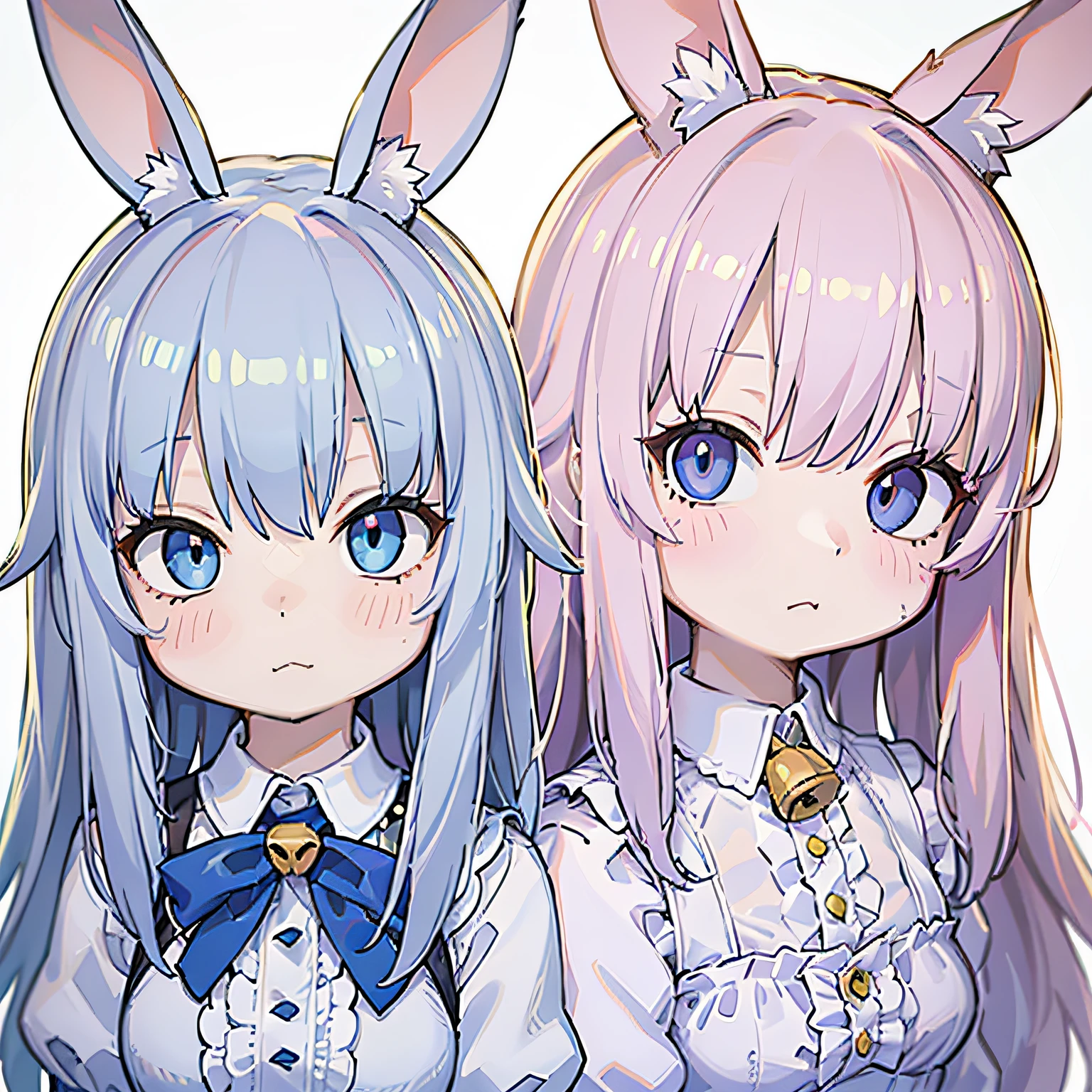 White hair, dark blue eyes, bunny ears anime girl, White-colored skin, with a round face, Round Chin, Round eyes, White dress, Short flow sea，sliver long hair, The neckline has a light blue bow and gold bells, pink blush, kawaii realistic portrait, Anime cute art style, Cute and natural anime face, Rabbit ears anime girl,  pretty anime face, perfect anime face