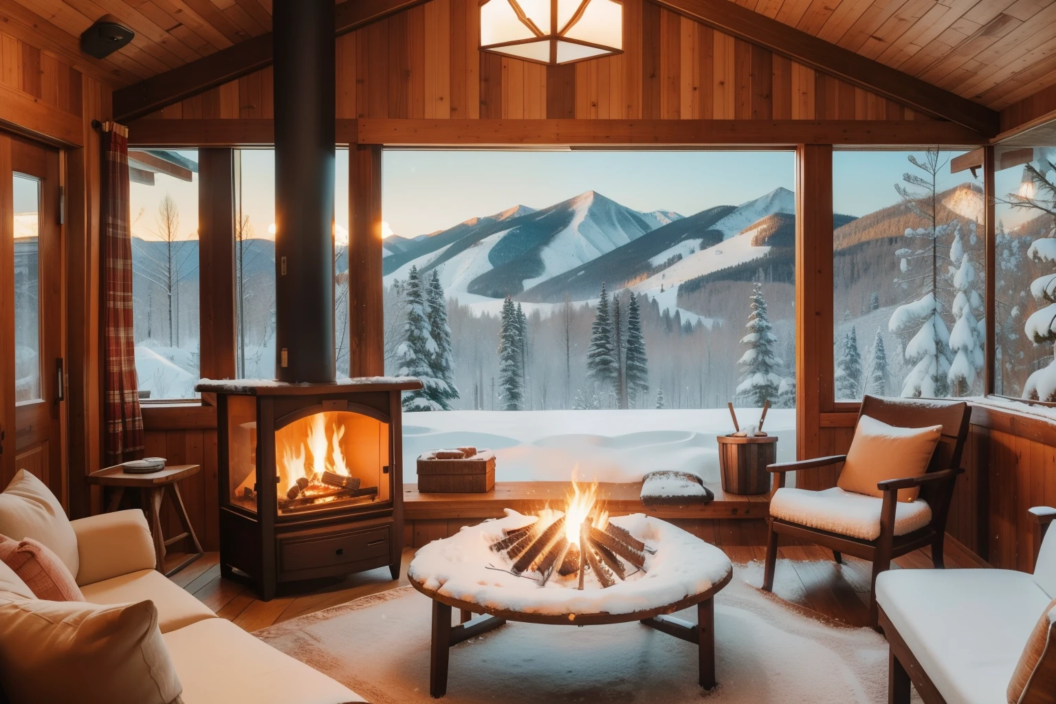 Year: 2022. Setting: Cozy Cabin Retreat in Aspen, Colorado, USA.
*Description: Surrounded by snow-covered pines, people in warm attire gather around a cabin's fireplace. The flickering fire casts a warm glow on the winter scene, capturing the snug ambiance of an American mountain retreat with pre-Raphaelite-inspired beauty and Wes Anderson's whimsical touch.