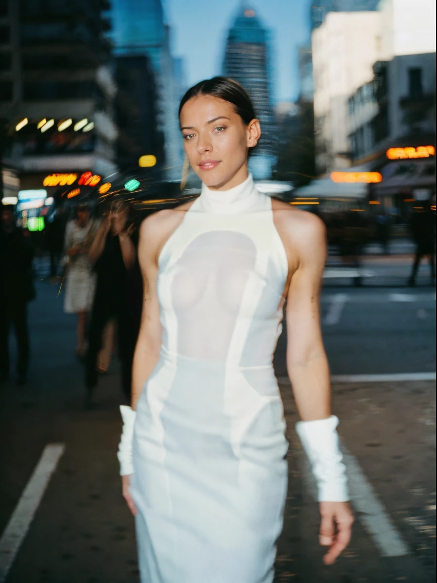 a woman through motion, wearing saint lauren, busy street, fashion model, paparazzi, (full body: 1.3), (luxury advertising photography: 1.2), motion blur, (graflex speed graphic: 1.4), lens flare, brushwork exploration, kodak ektachrome, flash light, spontaneous marks :: 1 Shot on Kodak Ektachrome :: 0.6