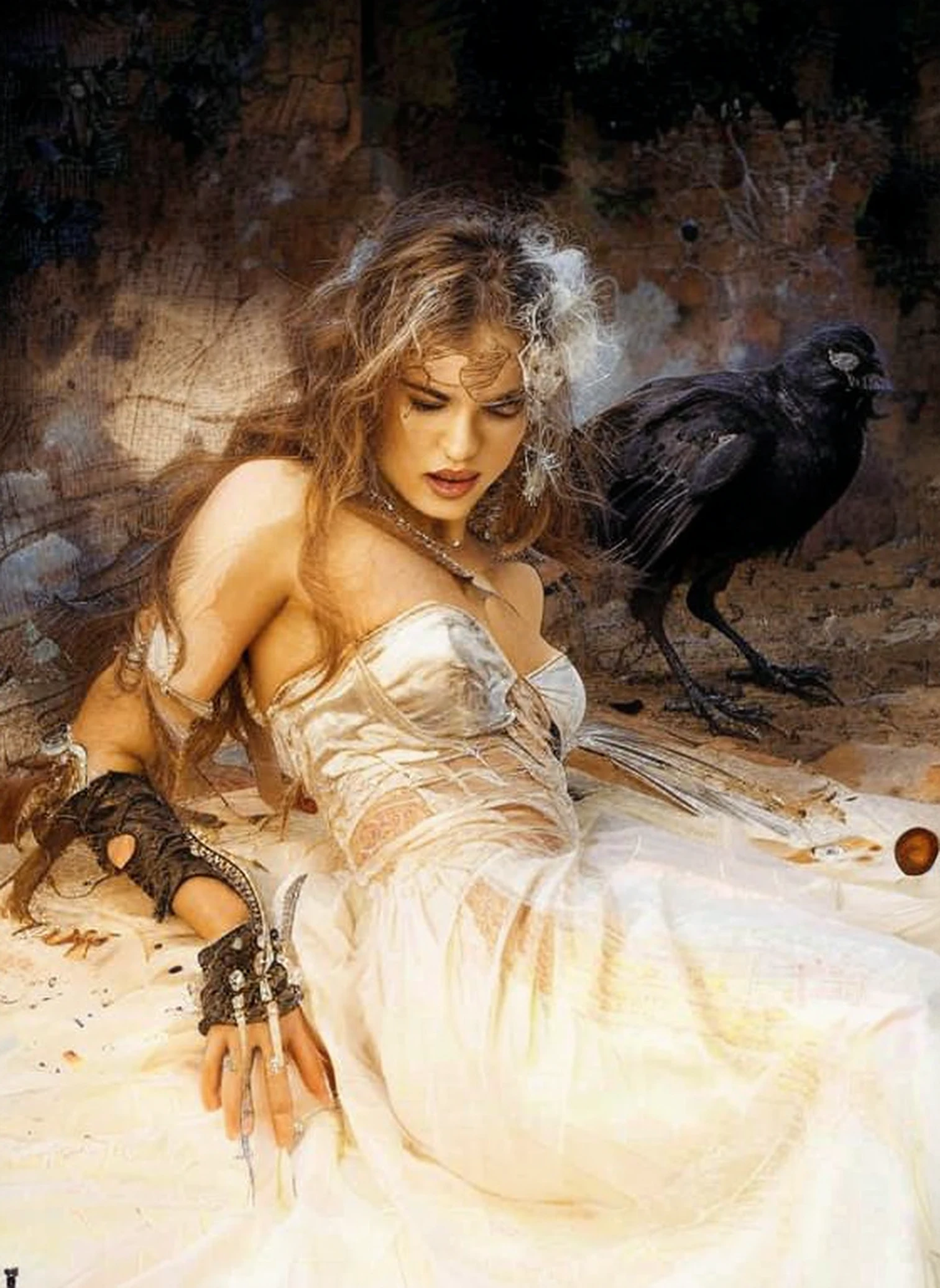 "(The best lighting, high contrast, dark, dramatic), (Blonde topless girl next to a giant black crow, Open the rib cage, fetus, autopsy, human bones, blood on the walls). Light Caravaggio"