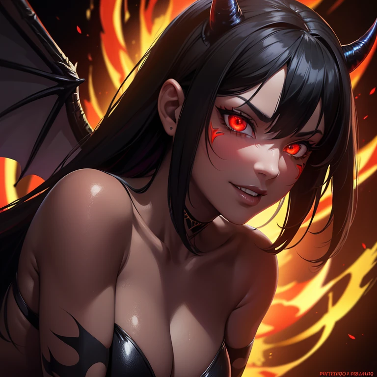 black hair,female succubus,black demon wings,thin demon tail,tan skin,black bikini armor,(best quality,4k,8k,highres,masterpiece:1.2),ultra-detailed,(realistic,photorealistic,photo-realistic:1.37),portraits,vivid colors,detailed face and expression,evil smile,golden glowing eyes,captivating gaze,sharp focus,mystical glowing tattoos,dark and dramatic lighting,fiery background,red and black color scheme,sparkling demonic aura