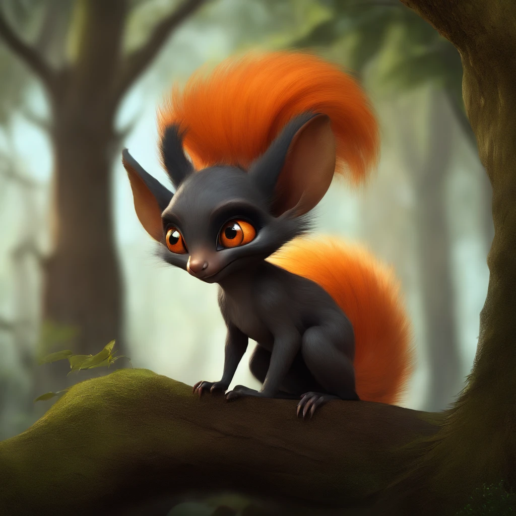 goblin, gremlin, squirrel-like, Huge eyes, large ears, bright orange and brown, long fluffy tail, Best Quality, Masterpiece, in style of dark fantasy art, 真实感,