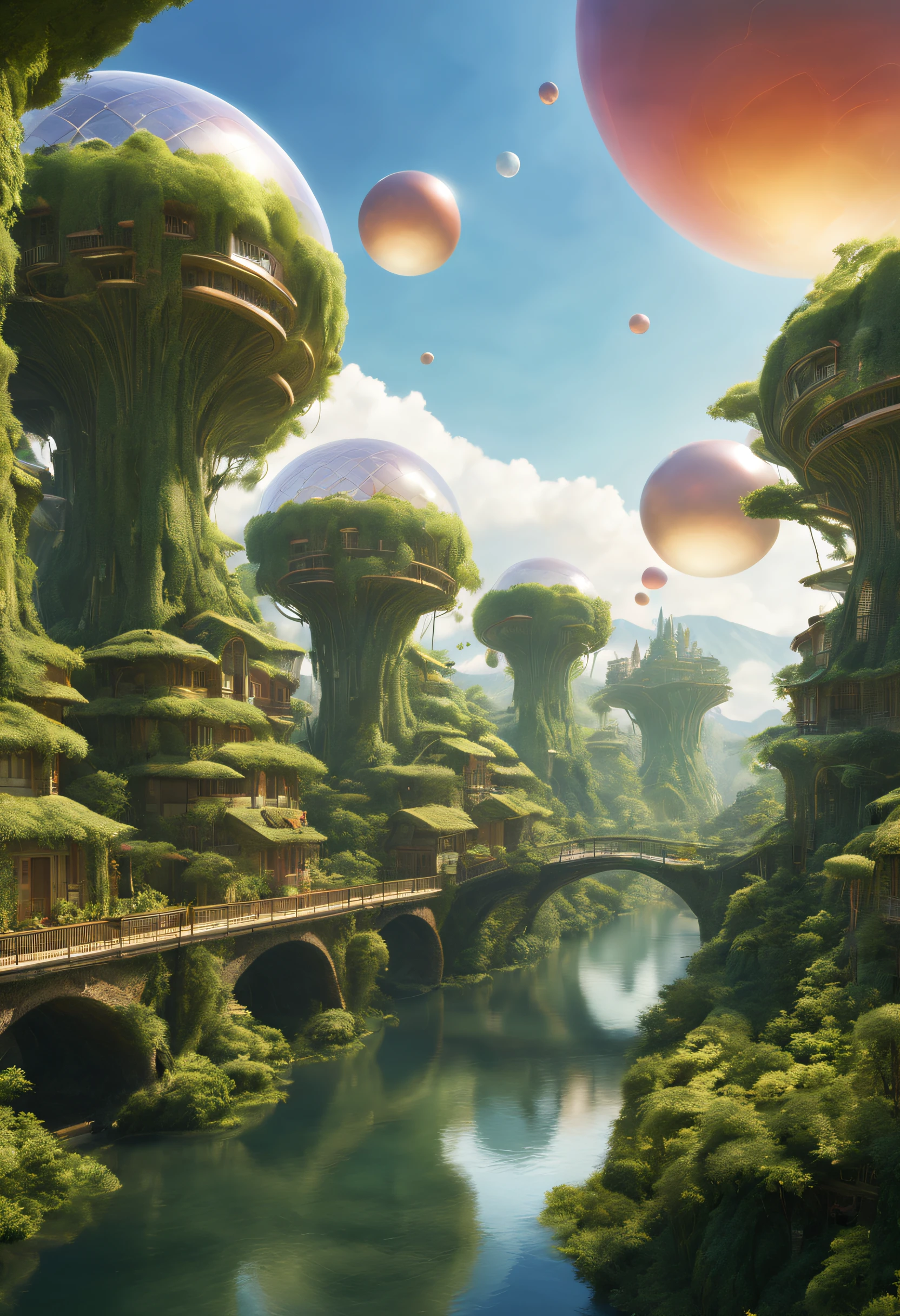 Utopian city,Jean Leon Jerome,Tens of thousands of meters from the earth, Located on a vast plain,,A massive,surrounded by green trees "airbubble"城市, like a bright gem, gleaming in the sunlight,People wake up to the sound of birdsong,Falling asleep again to the sound of insects,Astronomy photo style , These buildings are like forests of light and shadow, Different colors appear as the light changes,The meandering stream in the city flows through every house,All houses and facilities are the same,Convenient transportation in the city,Streets extend in all directions,No noise、No pollution,Its architectural style is full of harmony between the future and nature..,