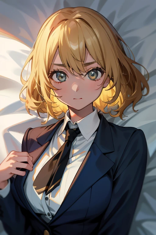 (8K、top-quality、top-quality、masterpiece、ighly detailed: 1.2)、女の子 1 人、The upper part of the body、A woman has an (Margot Robbie) Similar to、Wearing a blazer、校服、I was surprised when I was pushed onto the bed.....、Lying down、full of shyness、Mouth open、frontage、directly in front、blonde hair、a blond、huge tit、