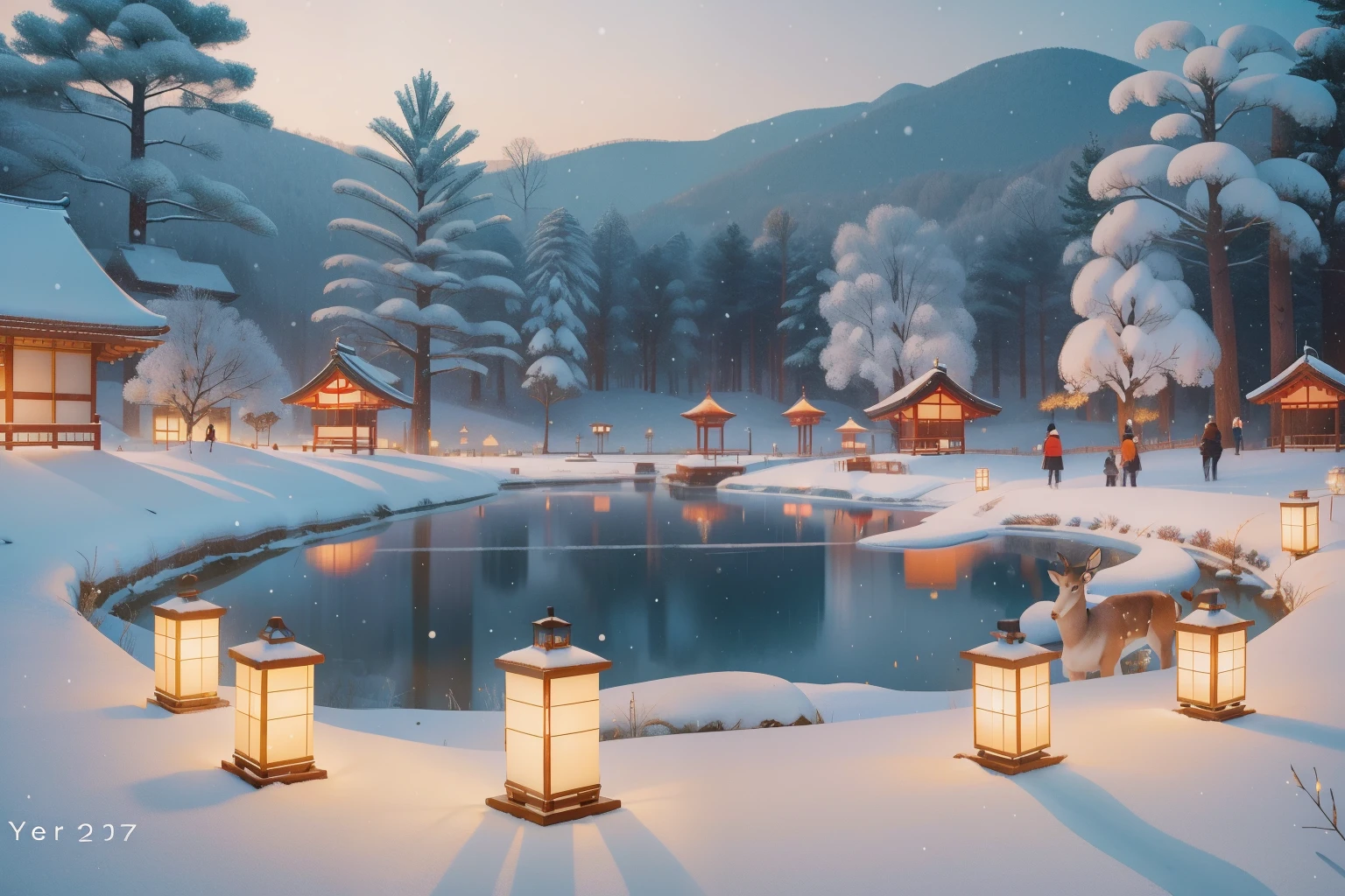 Year: 2022. Setting: Snowy Lantern Festival in Nara Park, Japan.
*Description: Under the soft glow of lanterns, ((people)) in winter layers wander through Nara Park's snowy landscape. Deer adorned with tiny lights add a whimsical touch, and the serene surroundings reflect the enchanting beauty of a Japanese winter day with pre-Raphaelite elegance and Wes Anderson's calming palette.
