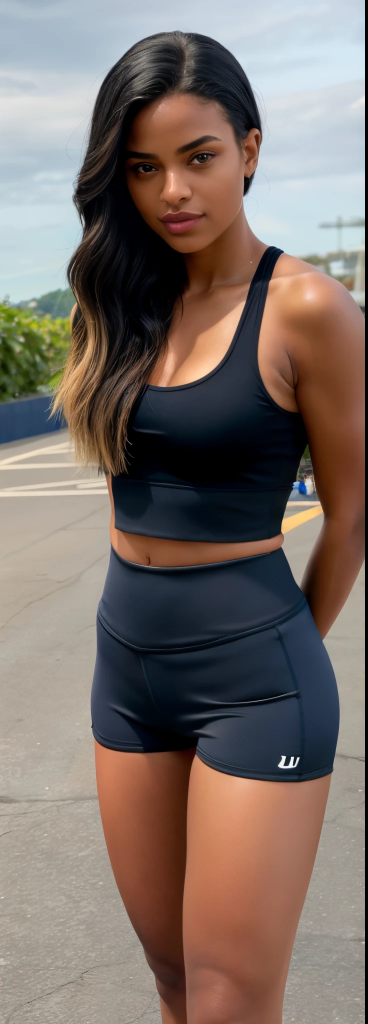 um close up de uma mulher de top preto e shorts, thicc, usando uma regata cropped preta, tanque preto apertado, usando uma regata preta cropped, she is wearing a black tank top, usando um top cropped sexy, tiro do meio cintura para cima,  em forma, cintura - tiro, usando crop top, sport bra and dark blue shorts