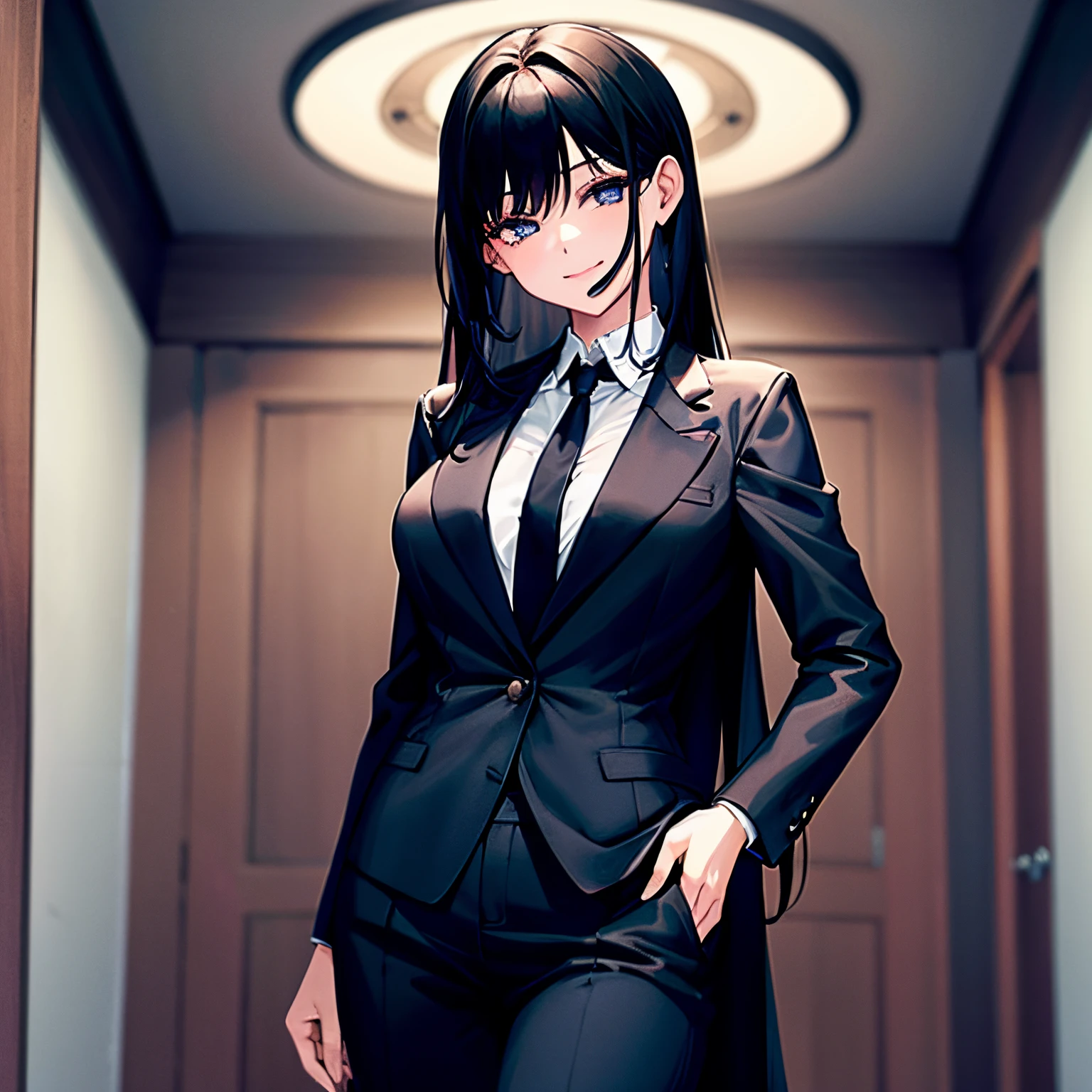 1GIRL , Yukinoshita yukino ,woman in formal suit tuxedo tailcoat standing in a large alcove in the room, 1girl, solo, necktie, black hair, blue eyes, long hair, smile, jacket, looking at viewer