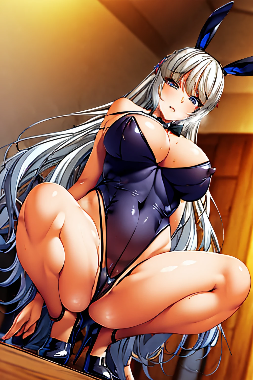 Highly detailed CG Unity 8k wallpaper, Official art, 1girl in, Solo, blush, ,Naked pregnancy(masutepiece:1.2), Bare neck, 鎖骨,Detailed nipples , Game CG,highly_Detailed,extremely_Detailed,Illustration,hight resolution,absurderes,POV,, (Full body:1.4), (maturefemale),A MILF, (From below:1.7), (a bar counter), Beautiful Finger,Beautiful long legs,Beautiful body,Beautiful nose,Beautiful character design, Perfect eyes, Perfect face, Bare arms, Bare shoulders, Black Leotard, cleavage, Fake animal ears, Leotard, (Rabbit ears:1.3), Rabbit tail, clothes shiny, Strapless, strapless leotard, (high-heels:1.2), (Squatting), Eyelashes, (thighs thighs thighs thighs), Happy, Closed mouth,
