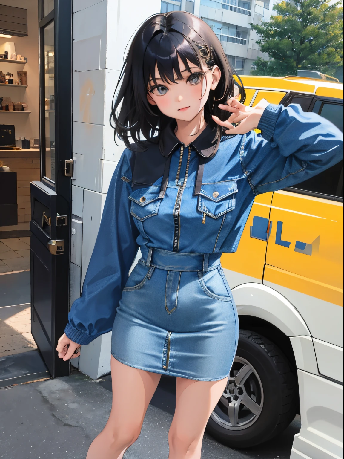 (child)，（​masterpiece，Highest Quality），（denim zip up dress:1.4），pencil skirts，shortsleeves，A dark-haired，outside of house