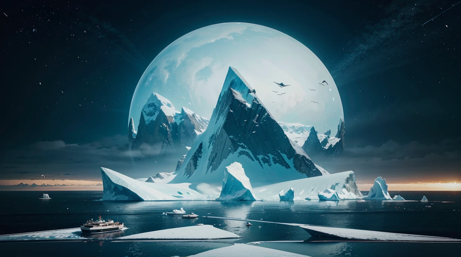 iceberg device,Cyberpunk universe,Many geese and ducks are circling in the sky,animated cartoon,High quality wide angle