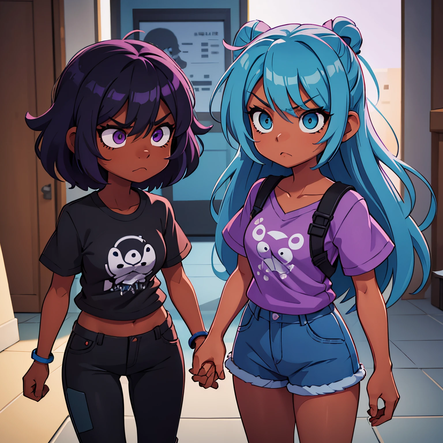 2 black skinned girls with, long light blue hair and eyes, and long bright purple hair and eyes, angry at each other, kawaii casual clothes, all black skinned, black skinned girls