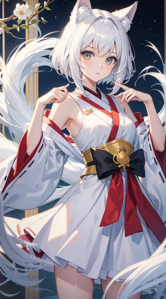 masterpiece、top-quality、Fox Girl、s girl、Lori、teenrl、White hair、big tail、fluffy tail、kawaii、Beautiful skin、Amber eyes、hightquality、8K,wall-paper、shorth hair、short-cut、Hair short、Hair to the shoulders、(natta)、starrysky、Kimono、shrines