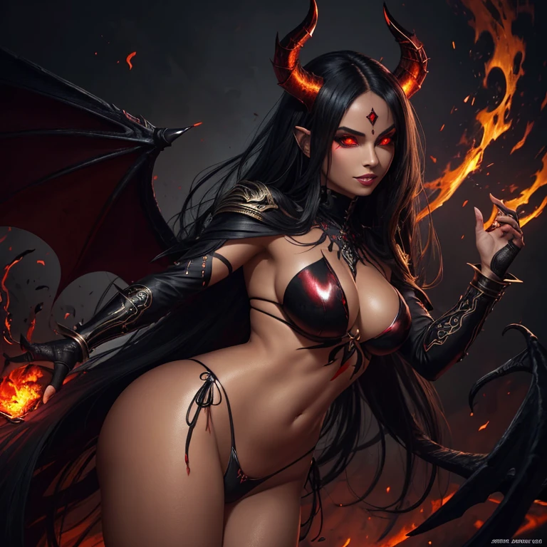 black hair,female succubus,black demon wings,thin demon tail,tan skin,black bikini armor,(best quality,4k,8k,highres,masterpiece:1.2),ultra-detailed,(realistic,photorealistic,photo-realistic:1.37),portraits,vivid colors,detailed face and expression,evil smile,golden glowing eyes,captivating gaze,sharp focus,mystical glowing tattoos,dark and dramatic lighting,fiery background,red and black color scheme,sparkling demonic aura