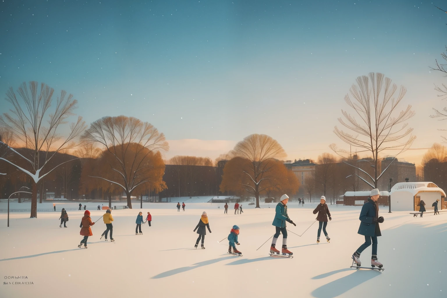 Year: 2022. Setting: Snowy Park Skating in Stockholm, Sweden.
*Description: In a snowy park, people of all ages glide gracefully across an ice rink surrounded by twinkling lights. Snow-covered trees and the winter sky provide a serene backdrop, capturing the Scandinavian charm of a Swedish winter day with pre-Raphaelite elegance and Wes Anderson's calming palette.