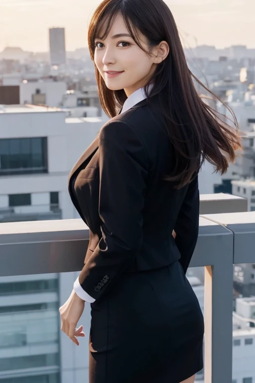 masutepiece, Best Quality, hight resolution,Detailed face,1girl in, Japanese,large full breasts,Smile,(Simple business suit,Jacket,pencil skirts:1.1),high-heels,tokyo prefecture, On the rooftop, Overlooking, bustling city, urban jungle, Skyscrapers, a panoramic view, Sunset, sky line,Windy,(:1.5),Office,Open mouth,from the rear,Spread legs,Windy,Wide eyes with accurate depiction,distinct eyes,