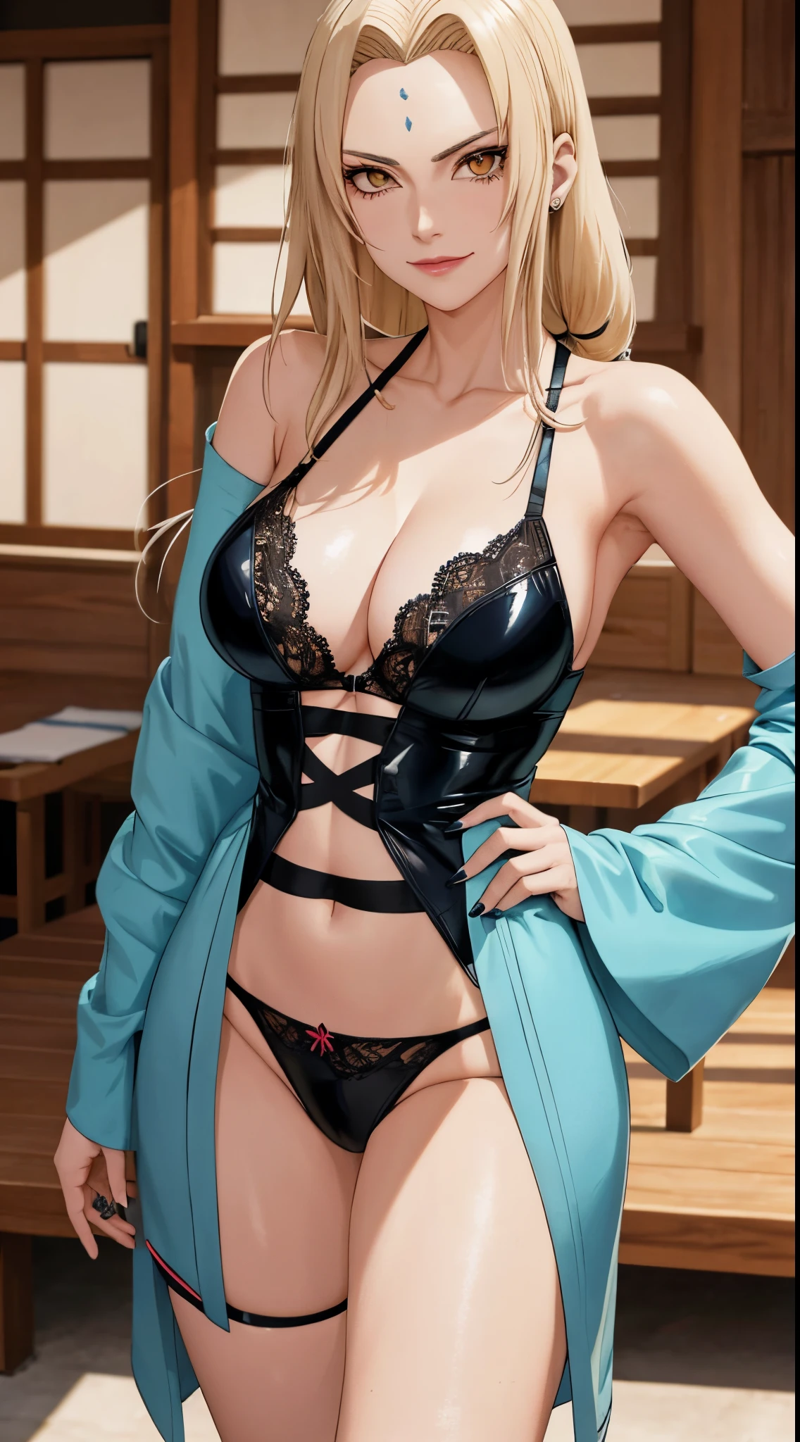 Tsunade Senju, Bela, obra prima, extremamente detalhado, melhor qualidade, best ilumination, melhor sombra, rosto perfeito, olhos castanhos brilhantes, marca azul na testa, (usando um lingerie de latex), 1 girl, sexy,  peitos grandes, bunda grande, inclinada pra frente olhando para o expectador, em konoha,