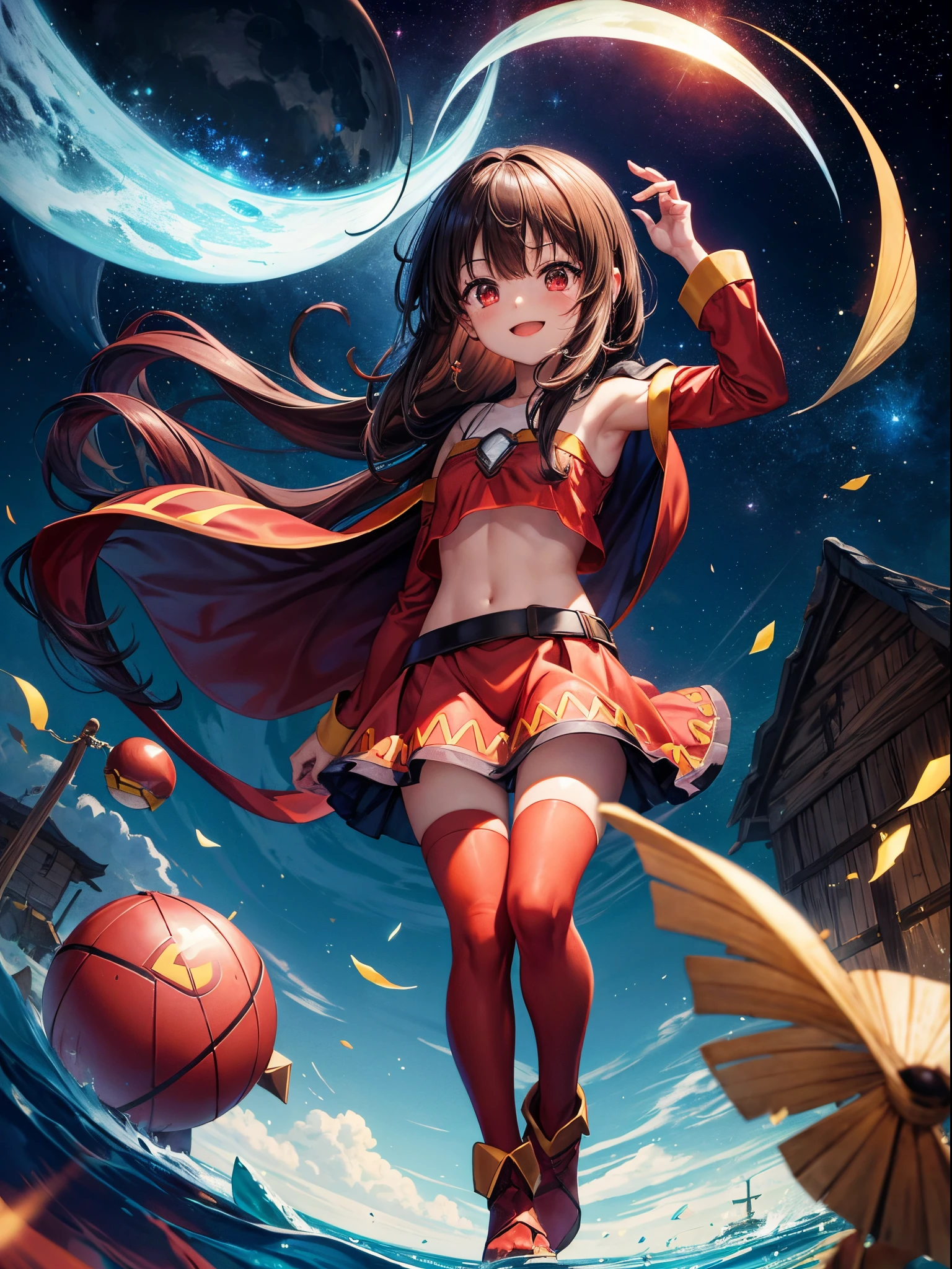 Melhor qualidade、uma (Megumin)、Shiraga、Cabelos castanhos curtos、hair fluttering in the wind、red eyes、Rosto pequeno、um sorriso、Papai Noel Cosplay:1.7、Mangas vermelhas:1.3、Bico grande:1.5、peito aberto:1.4、constriction、minissaia vermelha:1.2、Red tights、Botas de plataforma marrom、pernas de beleza、dim lighting、in the nighttime、Yuki、sem pessoas、Veja aqui、Angle from diagonally above、desfoque de fundo