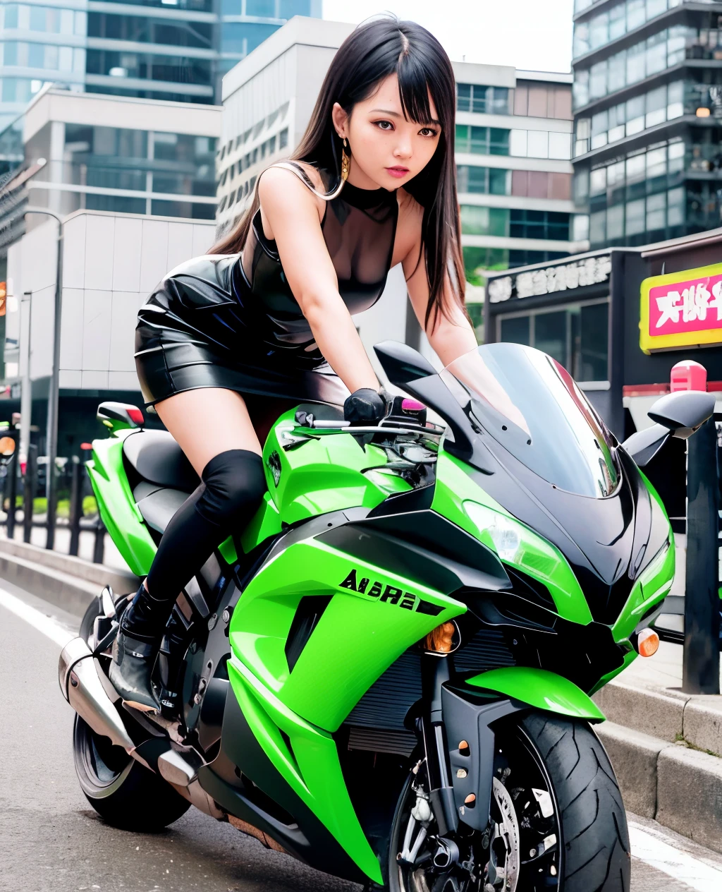 Arafe girl in black dress sitting on a green motorcycle, sitting on cyberpunk motorbike, motor cycle, Motorcycles, kawasaki, green and black, black and green, zora々Shishi Japan of Girls, Anime style mixed with Fujifilm, Japanese Models, sitting on a motorcycle, chiho, green and black colors, Sexy Girl, Cute Woman, Young Asian Girl