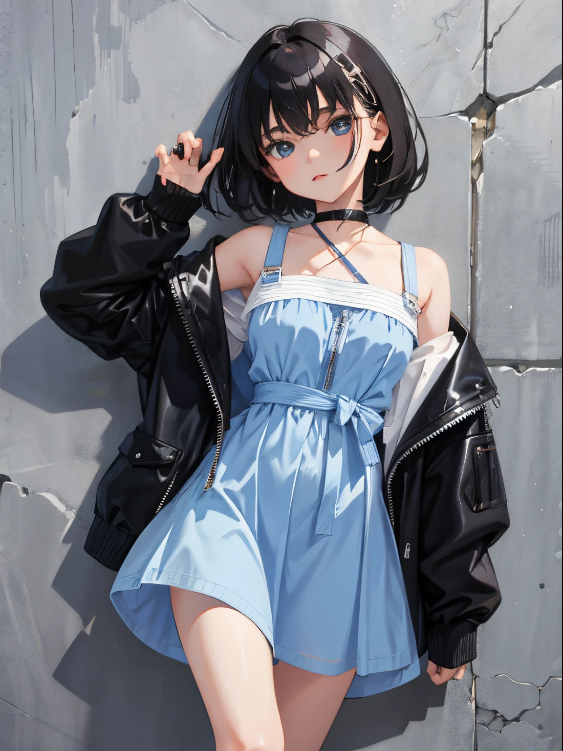 (child)，（​masterpiece，Highest Quality），（denim zip up dress:1.4），A-Line Dress，shortsleeves，A dark-haired，outside of house