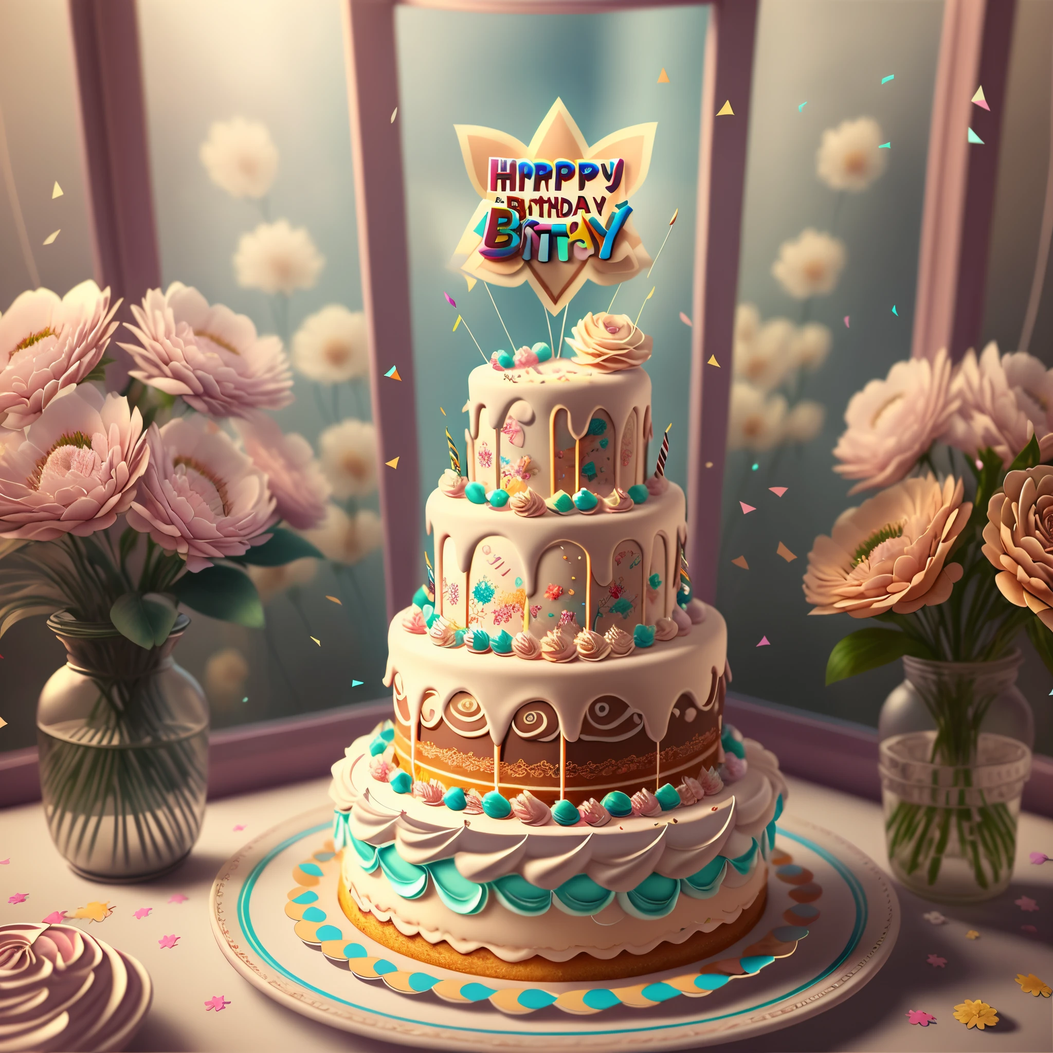 imagine a birthday party themed wallpaper, bem delicado e fofo, containing a 3-tier birthday cake, decorado com flores e borboletas. no topo do bolo tem uma placa decorativa escrita "65 anos". The cake is on a table and in the background is a window. 16k, 3D --auto --s2