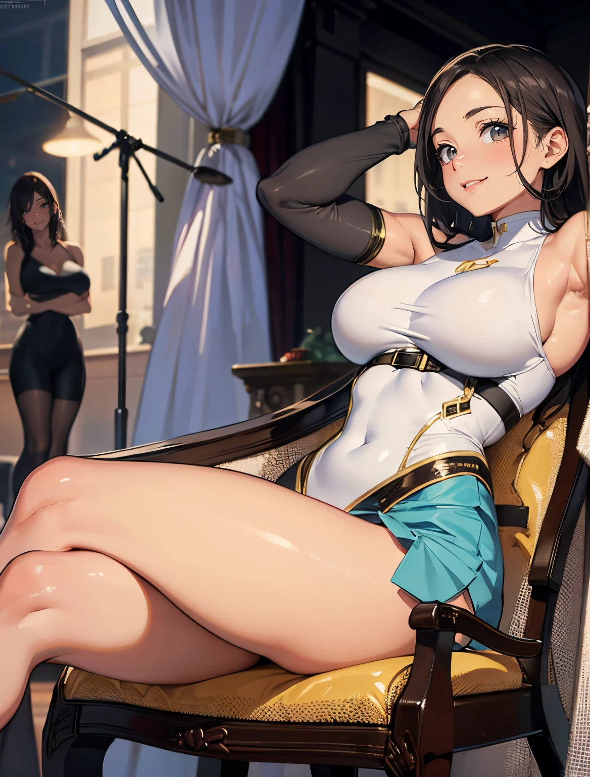 (tmasterpiece:1.2, Best quality at best), actual, (Real pictures, Complicated details, depth of fields), tmasterpiece, Best quality at best, A woman sitting cross-legged on a chair, Attractive posing, Wearing gray jumpsuit, unwind, thicc, Casual pose, Fair and shiny skin, Colossal tits, Crazy breast swelling, Chest larger than shoulder blades, The waist is thin and the legs are thick, Fitness model, A smile, Ruddy cheeks