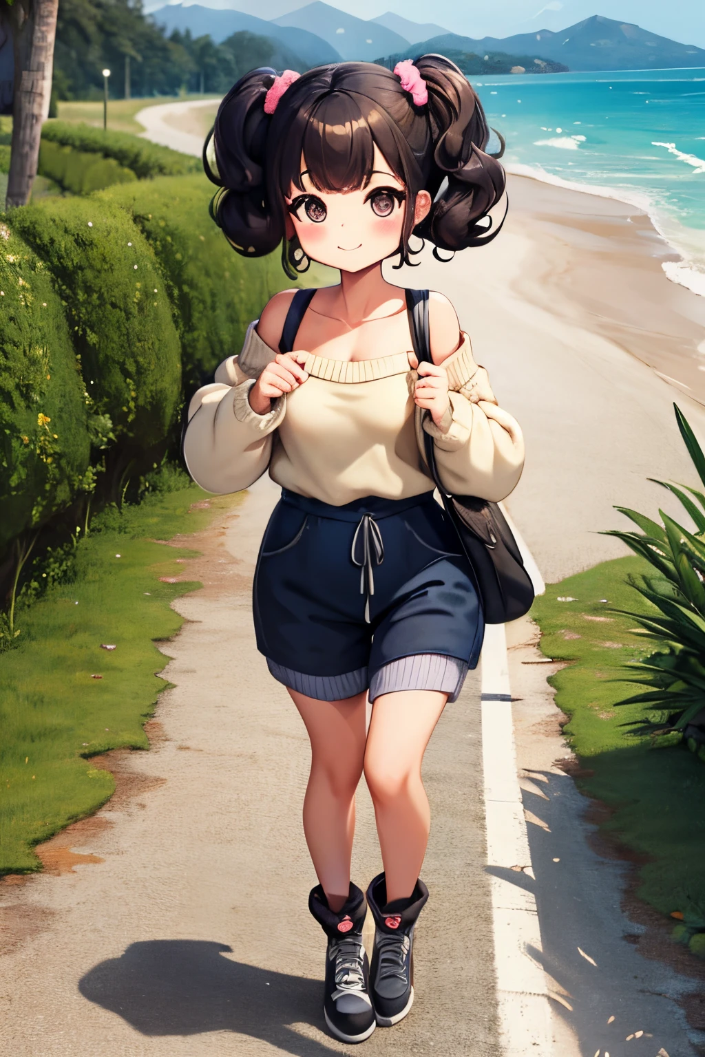 Shoulder sweater, Curly shorthair, hair scrunchie, Twin-tailed, kawaii pose、ssmile、Walk along the path along the coast