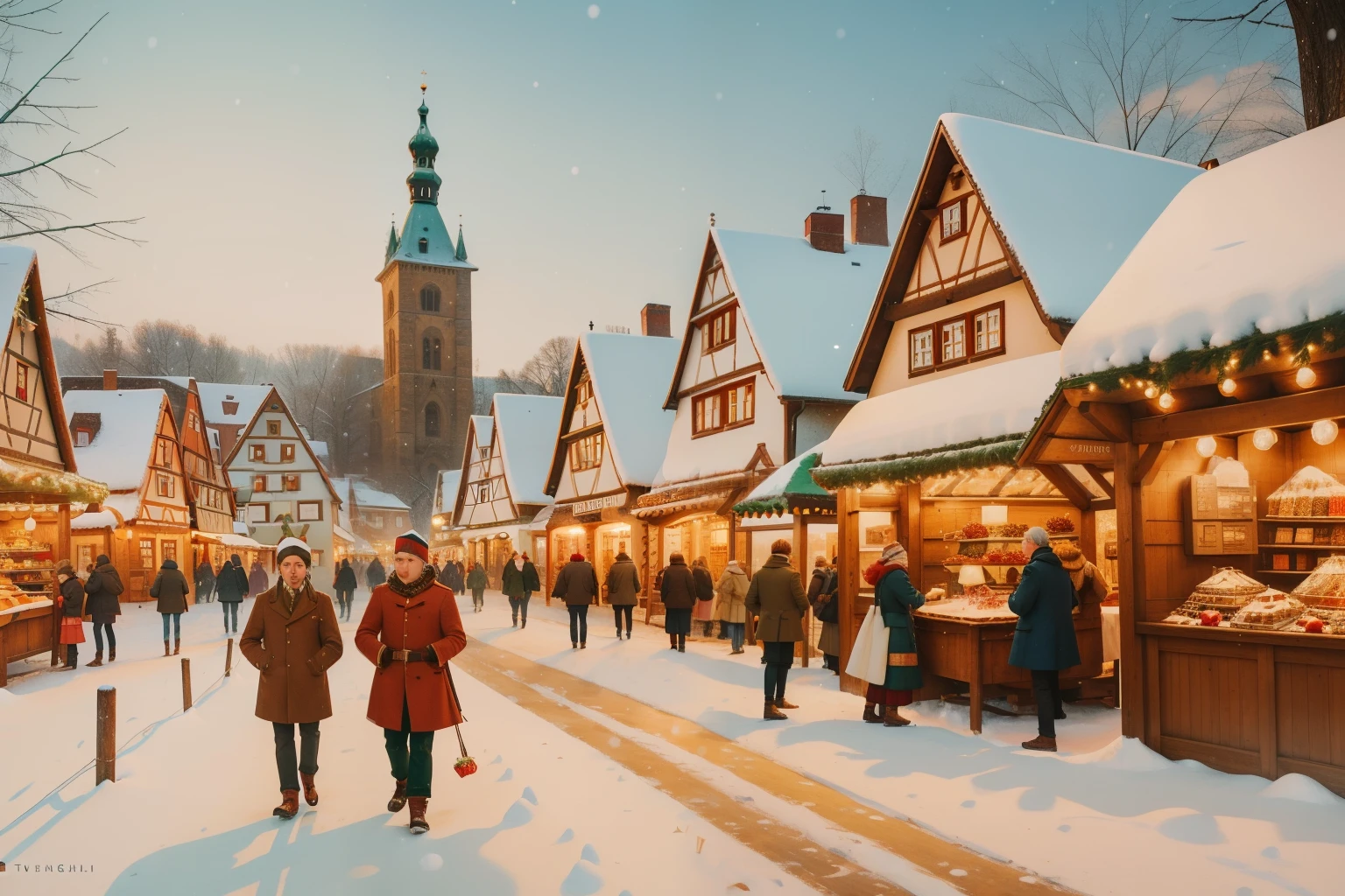 Year: 2022. Setting: Bustling Christmas Market in Rothenburg ob der Tauber, Germany.
*Description: Amid half-timbered houses, the bustling Christmas market features people exploring snow-covered stalls adorned with twinkling lights. The air is filled with the aroma of mulled wine and roasted chestnuts, capturing the lively charm of a German winter day with pre-Raphaelite grace and Wes Anderson's playful hues.