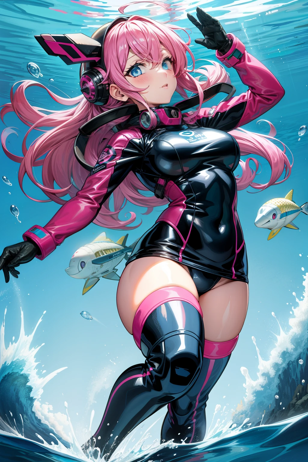 Girl under the sea, pink hair tied, blue eyes, sink, Diver clothing, Big breasts, Wearing a diver's helmet