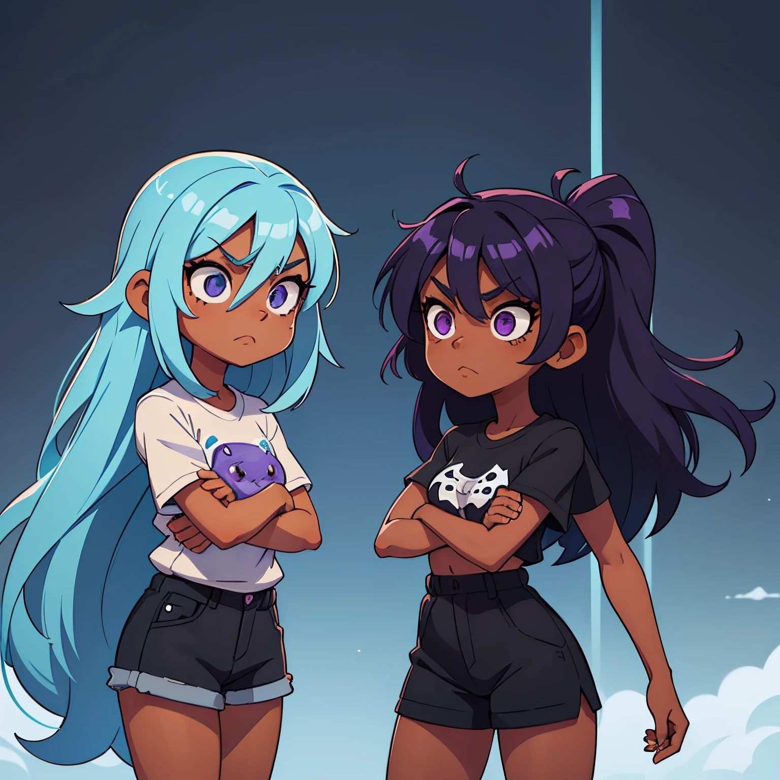 2 black skinned girls with, long light blue hair and eyes, and long bright purple hair and eyes, angry at each other, kawaii casual clothes, all black skinned, black skinned girls