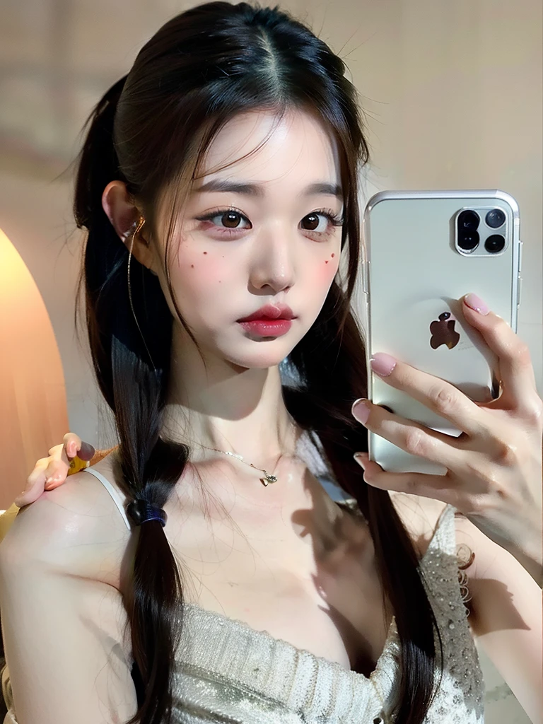 There's a woman taking a selfie with her phone, sin maquillaje, 2 4 year old female model, dilraba dilmurat, Kailee Mandel, 18 years old, Modelo de Instagram, 1 6 years, Parece una mezcla de grimes, 2 , Dos coletas peinado, 21-year-old, peinado de coletas