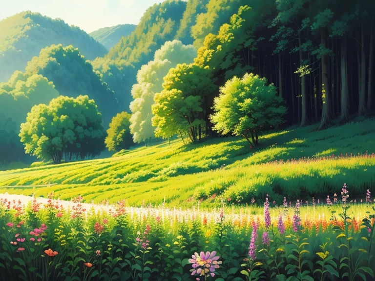 Best quality, Masterpiece, Summer day, forest, flower field