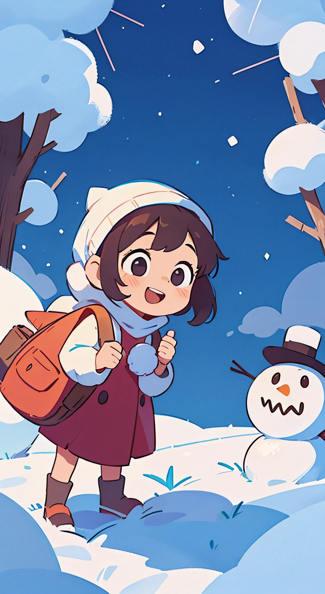 a picture for phone wallpaper, a happy *********** with a snowman in the big winter fosrest