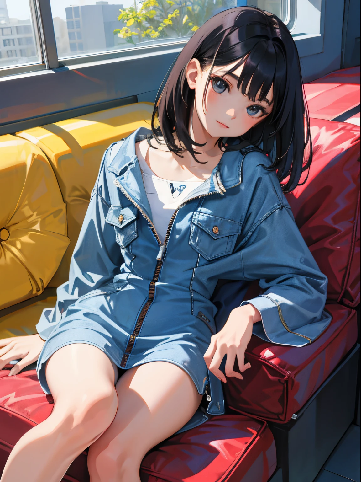 (),(masterpiece,Highest Quality),(denim zip up dress:1.4),A-Line Dress,shortsleeves,A dark-haired,outside of house