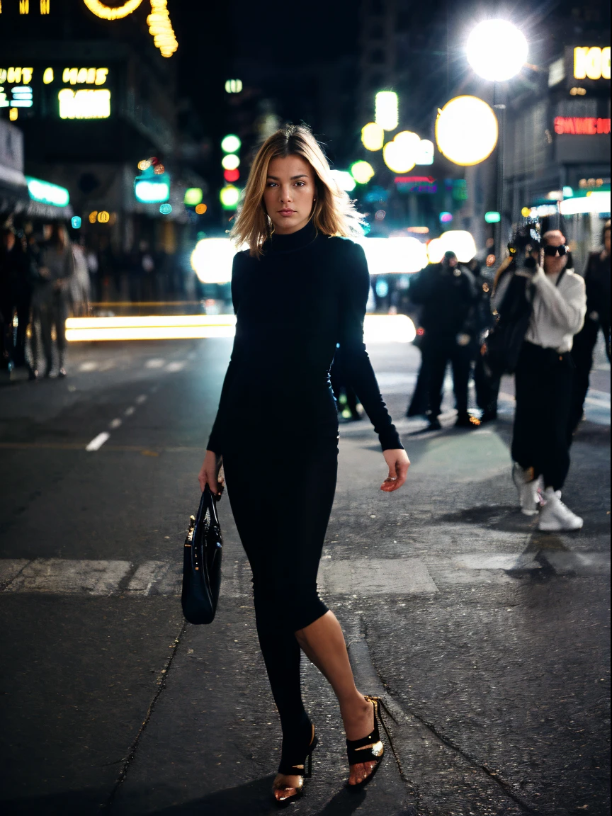 a woman through motion, wearing saint lauren, busy street, fashion model, paparazzi, (full body: 1.3), (luxury advertising photography: 1.2), motion blur, (Graflex speed graphic: 1.4), lens flare, brushwork exploration, kodak ektachrome, flash light, spontaneous marks :: 1 Shot on Kodak Ektachrome :: 0.6