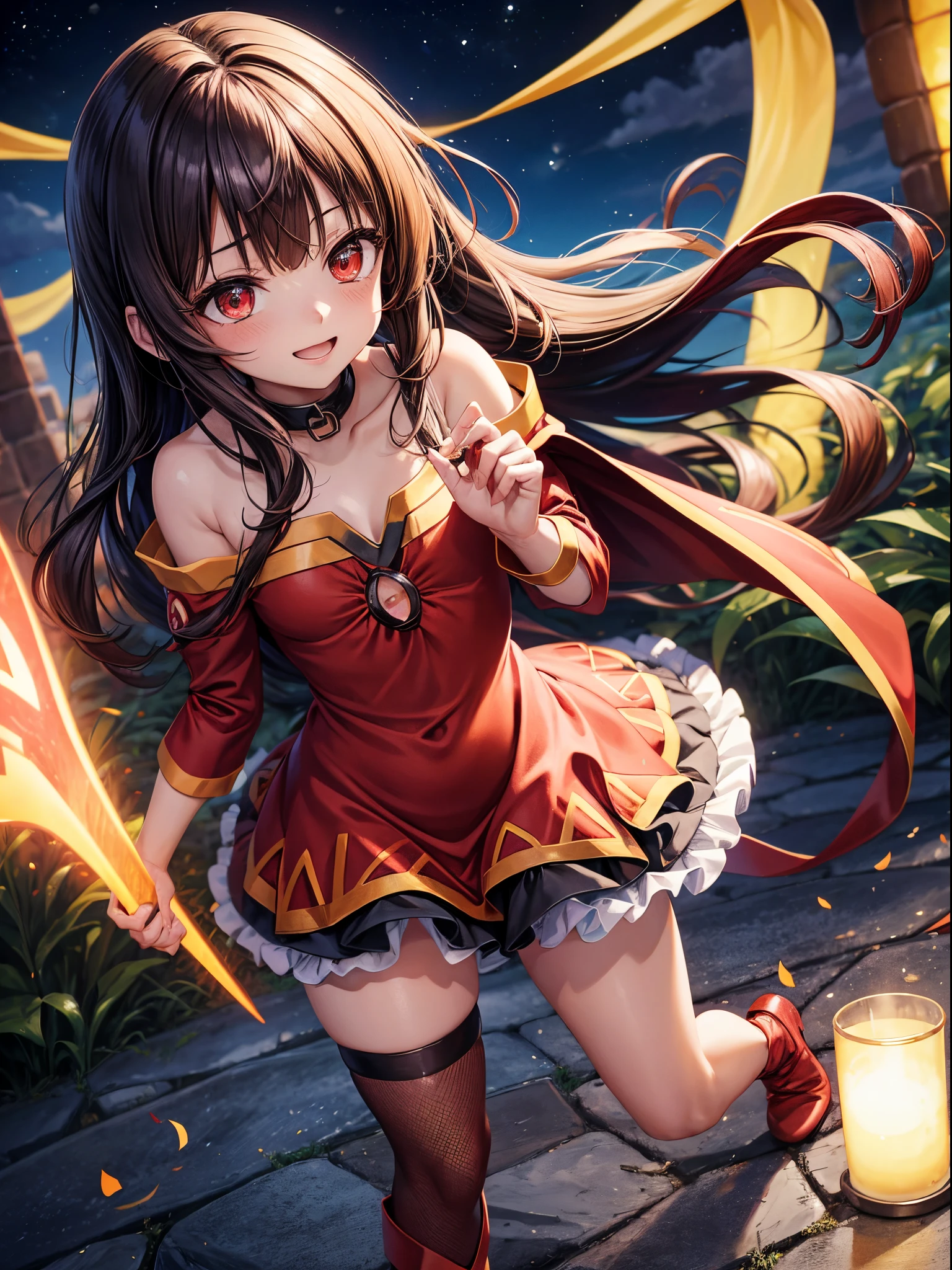 Melhor qualidade、uma (Megumin)、Shiraga、Cabelos castanhos curtos、hair fluttering in the wind、red eyes、Rosto pequeno、um sorriso、Papai Noel Cosplay:1.7、Mangas vermelhas:1.3、Bico grande:1.5、peito aberto:1.4、constriction、minissaia vermelha:1.2、Red tights、Botas de plataforma marrom、pernas de beleza、dim lighting、in the nighttime、Yuki、sem pessoas、Veja aqui、Angle from diagonally above、desfoque de fundo