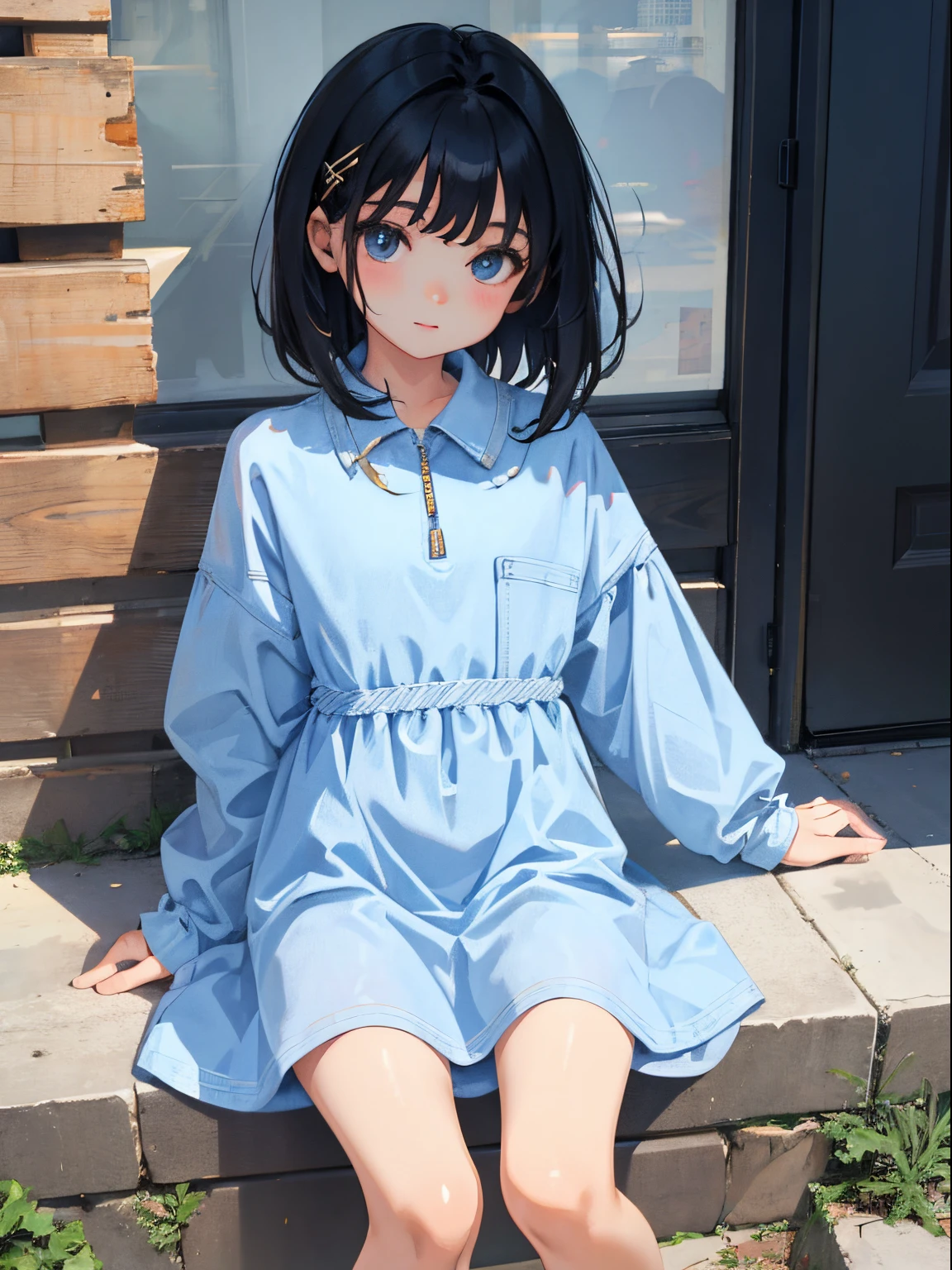 (child),(masterpiece,Highest Quality),(denim zip up dress:1.4),shortsleeves,A dark-haired,outside of house