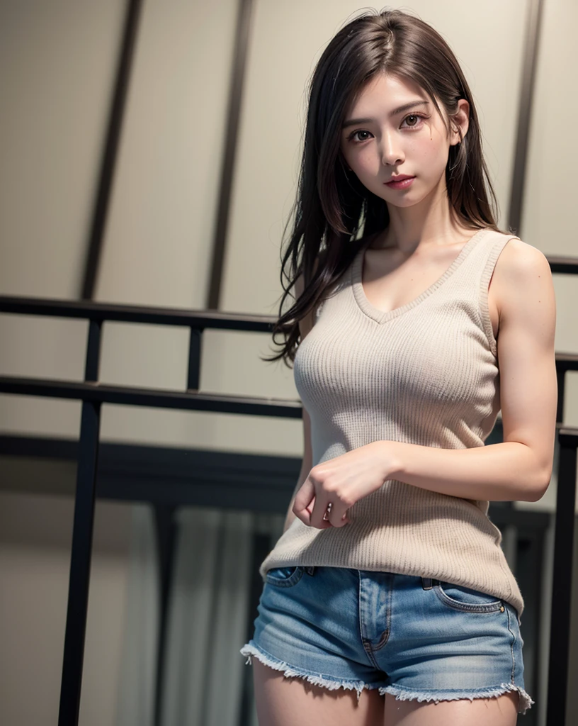 (in 8K, top-quality, masterpiece:1.2), (realisitic, Photorealsitic:1.37), ultra-detailliert, Natural sunlight,, 1 persons, 25 year old woman, Dark hair, Pendants, Torn shorts, Light Knit V-Neck Shirt, At the time of performance, extremely detailed face and skin, A detailed eye, extremely detailed face and skin,student clothes,musculature,