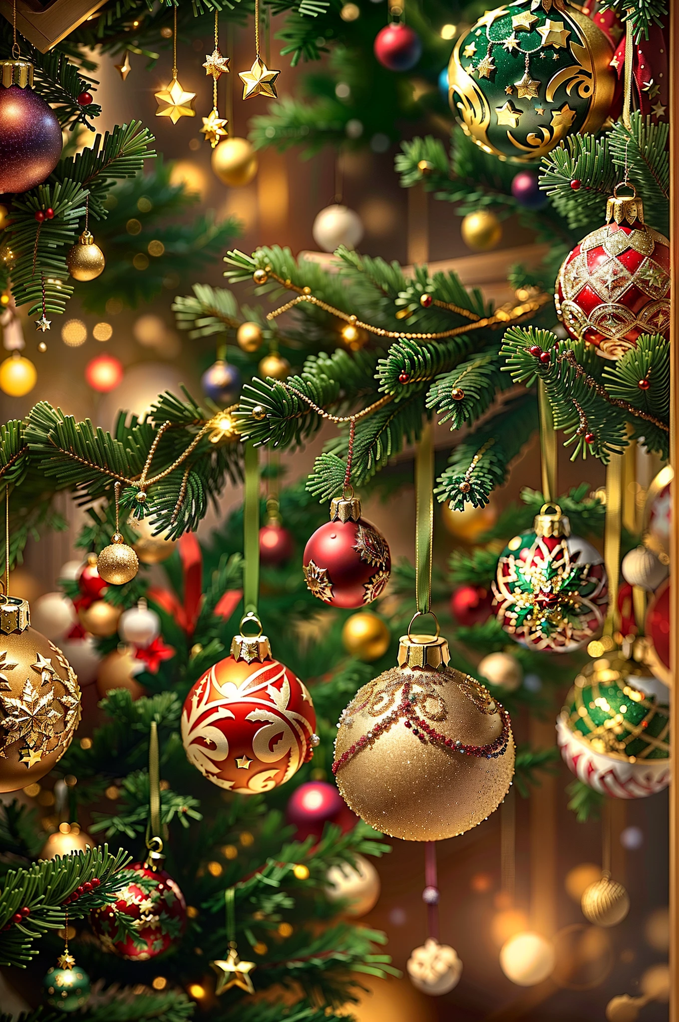 Many Christmas decorations hanging on the Christmas tree, decor, Decorative ornaments, There are many small decorations, Star-sparkled。detailed ornaments, Intricate ornaments, decorative, Super detailed decoration, 8K details, 8K details, Sparkling multi-dimensional decoration, 8K detail post-processing