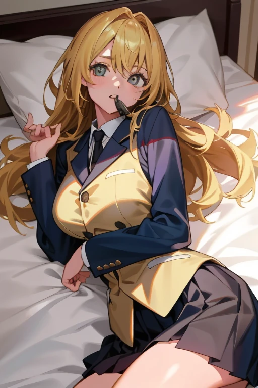 (8K、top-quality、top-quality、masterpiece、ighly detailed: 1.2)、 1 人、The upper part of the body、A woman has an (Margot Robbie) Similar to、Wearing a blazer、校服、I was surprised when I was pushed onto the bed.....、Lying down、full of shyness、Mouth open、frontage、directly in front、blonde hair、a blond、huge tit、