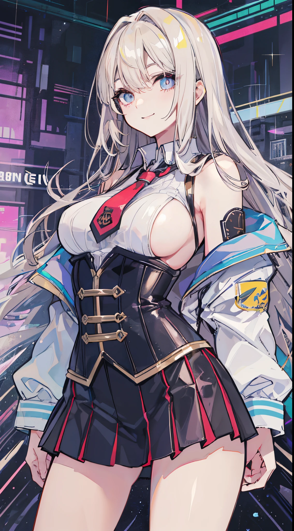 top-quality、realistic touch,high-detail、photoRealstic、Long body、captive beauty、big eye、Strong platinum blonde eyelashes、platinum-blonde、full body Esbian、Sparkling eyes、Submissive smile、Flushed cheeks、Kamimei、thin-waist、Voluptuous thighs、Enraptured look、Raked bangs、The forehead is protruding、sleeveless、High school students in uniform 、The skirt is very short and transparent、No cleavage exposed、fuge sideboob、high school uniform with tie、A corset that emphasizes your breasts