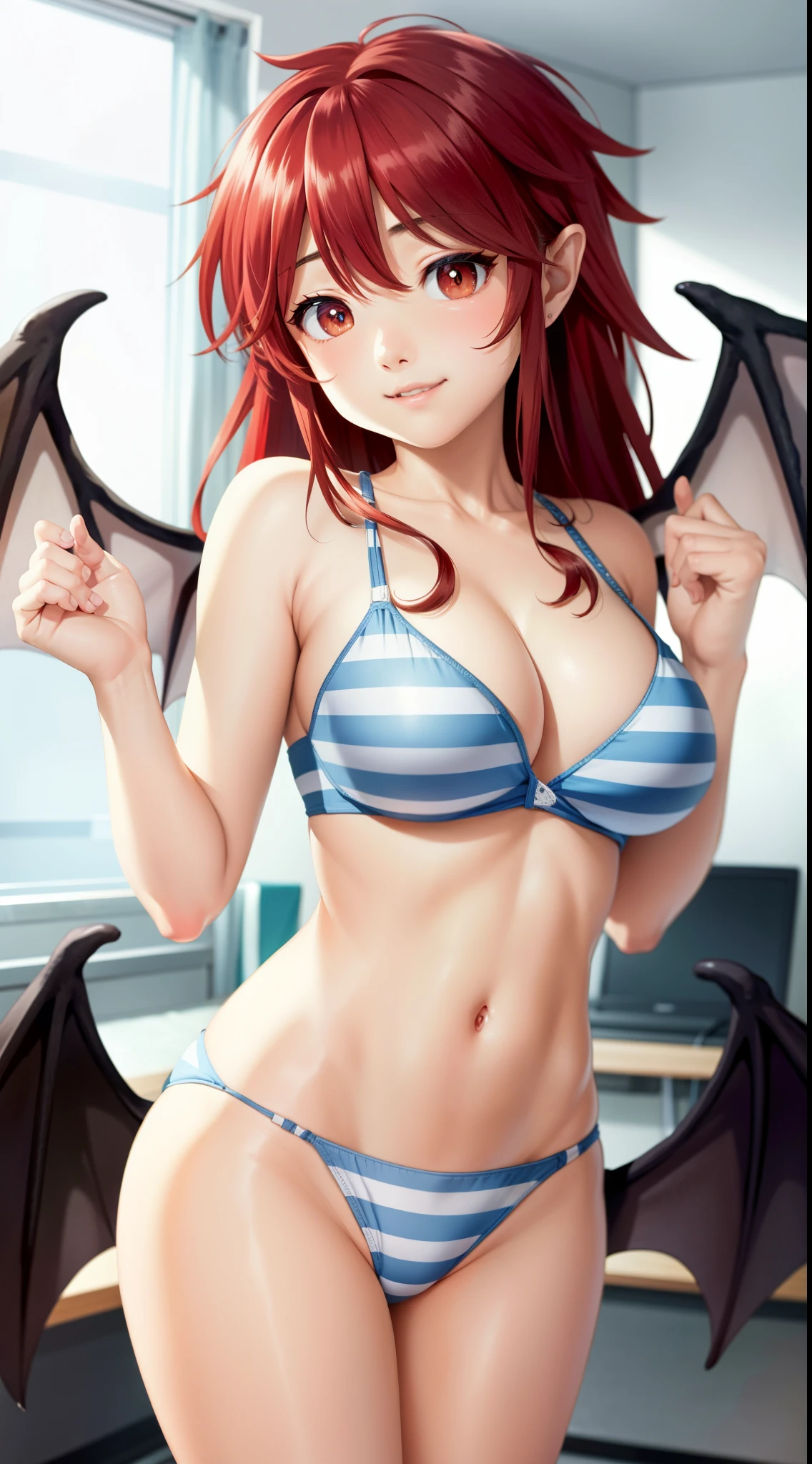 MariSetogoya, 1girl, smile, solo, long hair, red eyes, red hair, wings, pointy ears, fang, bat wings, demon wings, looking at viewer, blush, smile, large breasts, navel, cleavage, collarbone, swimsuit, bikini, striped, striped bikini, standing, dynamic pose, 8k, masterpiece, best quality, absurdres, perfect anatomy, cinematic lighting, cowboy shot,