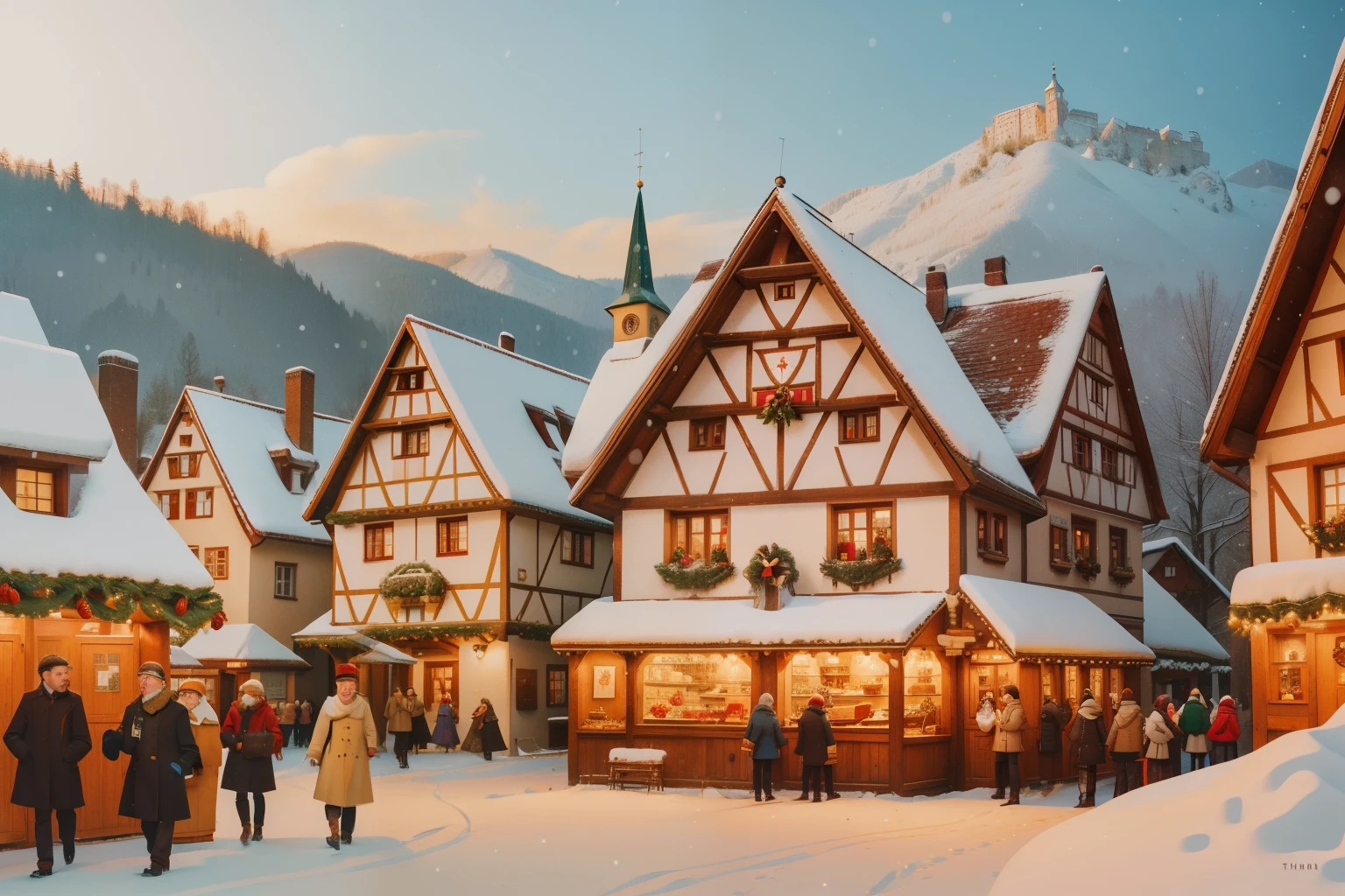 Year: 2022. Setting: Daytime Christmas Market in Rothenburg ob der Tauber, Germany.
*Description: Amid half-timbered houses, a bustling Christmas market takes place during the day. People explore snow-covered stalls adorned with twinkling lights, creating a lively atmosphere. The air is filled with the aroma of mulled wine and roasted chestnuts, capturing the charm of a German winter day with pre-Raphaelite grace and Wes Anderson's playful hues.