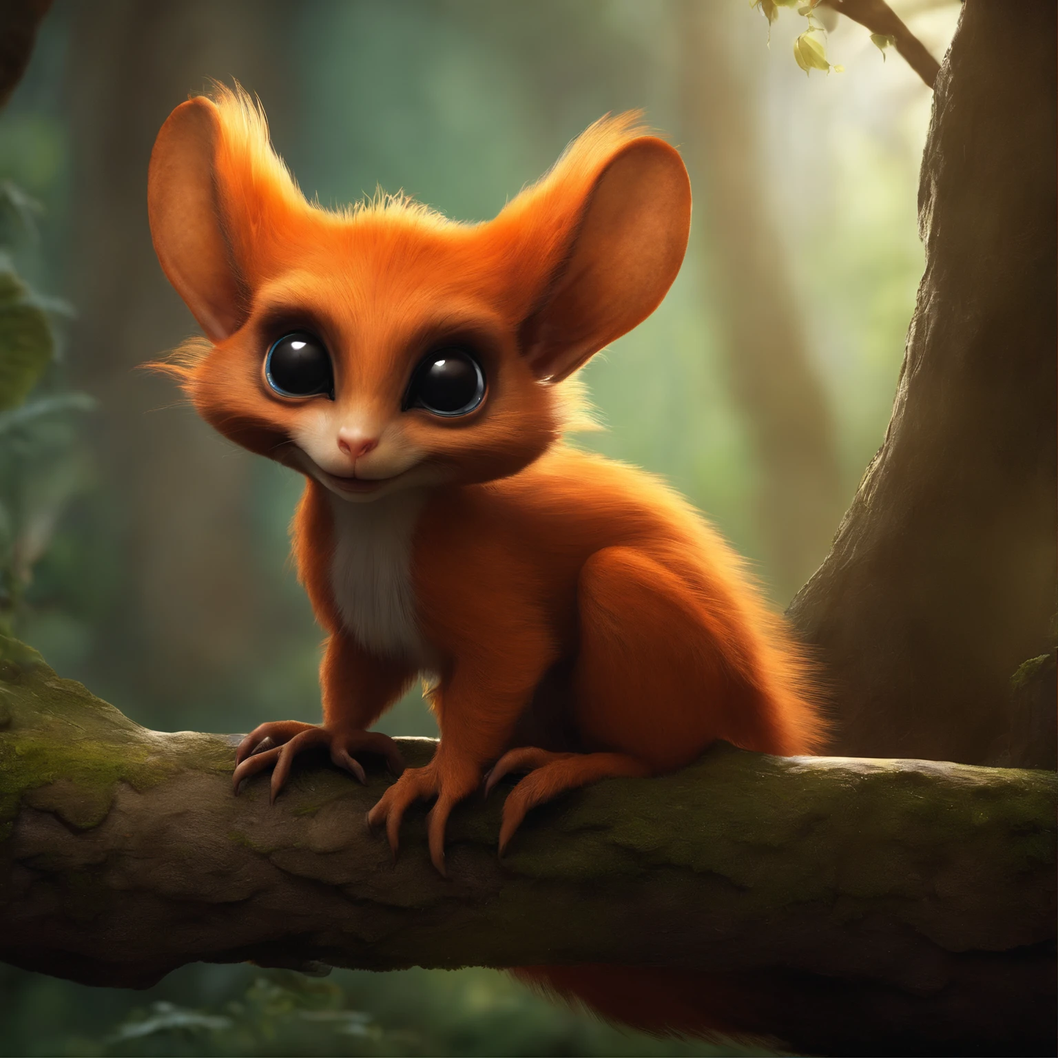 goblin, gremlin, squirrel-like, Huge eyes, large ears, bright orange and brown, long fluffy tail, Best Quality, Masterpiece, in style of dark fantasy art, 真实感,