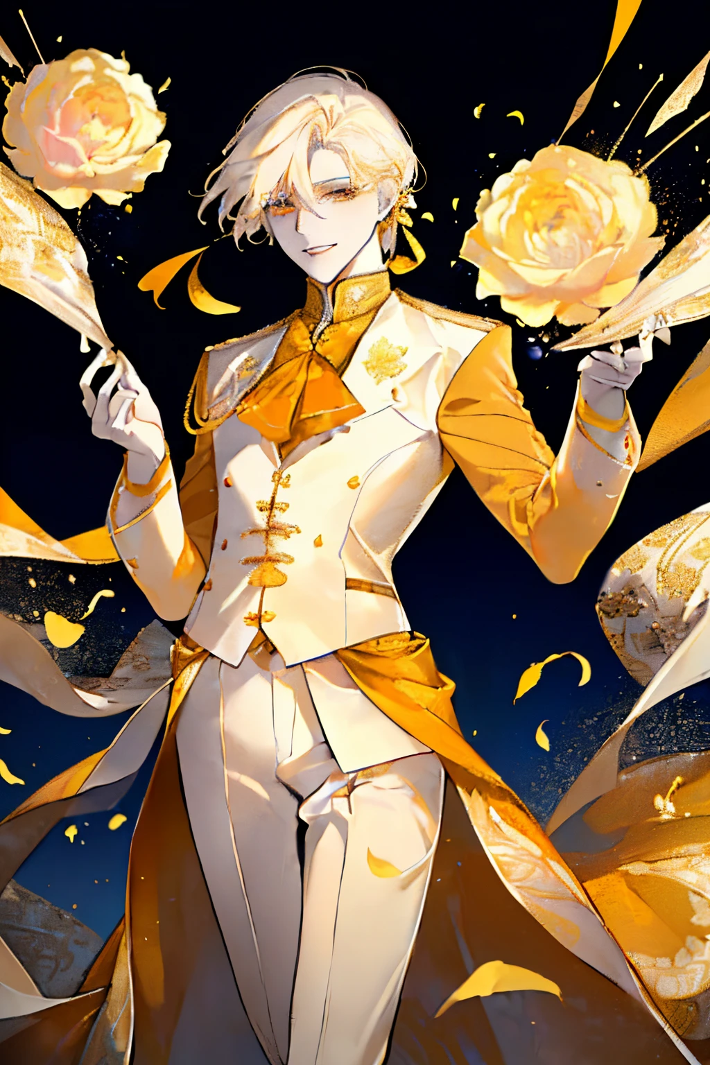 ((pale blond hair)),((With bangs)),((Straight hair)),((Bery short hair)),((Light orange eyes)),((white and yellow corset)),((Luxury and neat attire like a British gentleman)),Slight red tide,,((Like a knight, He carries a luxuriously decorated sword on his waist.....)),(((close up of face))),(Naughty smile),(Royal gardens with colorful flowers),((Male in late s)),smiling slightly,((Clothes and hair fluttering in the wind)),(Petals fluttering in the wind),((Orange and yellow light particles fly around.)),(Dynamic movement),