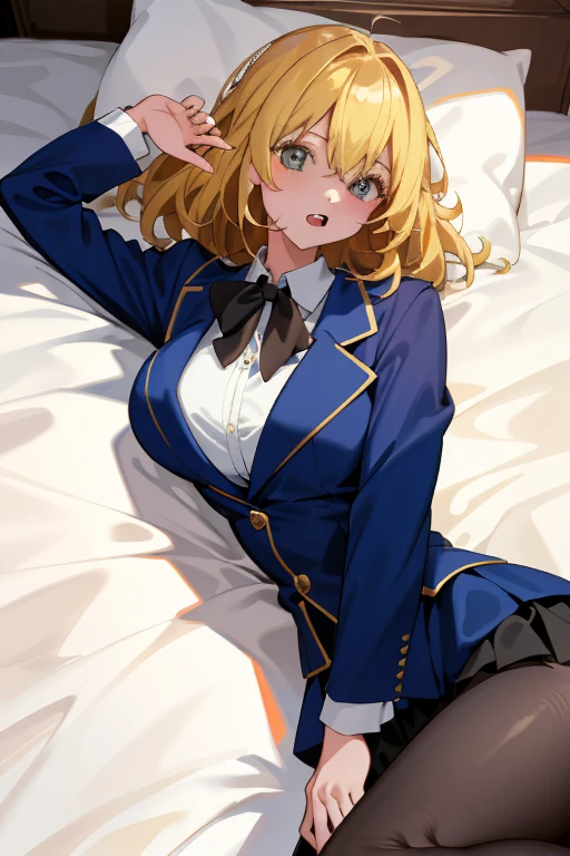 ultra-detailed,indoor,On the bed,Wide legged,(bottomless),1 beautiful girl,Slender Big Tits,8k,(Spread your legs wide),Showing pussy,Embarrassed smile,(pussy juice:1.5),Random hair color,uniform,no shorts,NSFW,(Beautiful eyelashes, Anime eyes)Official picture,Highest quality,masterpiece,Anatomically perfect limbs,