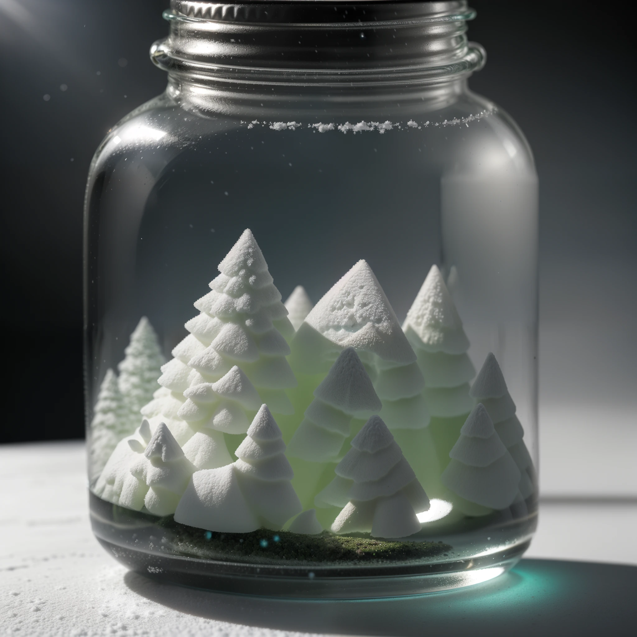 (An intricate minitown Matera landscape tucked in a jar with lid), atmospheric greenish lighting, Realism, film grain, super detail, on a white desk, it's snowing inside the jar. 4k UHD, dark vibes, hyper detailed, vibrant colors clear sky background, epic composition, octane render, sharp focus, high resolution isometric, macro photography in close-up view.